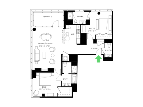 Floor plan for 2 beds, 2.5 baths, 1571 sqft